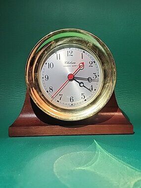 Chelsea Shipstrike Quartz Clock Brass Ships Clock-5.5" on Wood Mantle, Works
